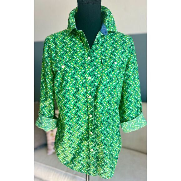Talbots Womens Top Shirt Size 6 Green Horse Print Roll Tab Sleeve EUC - Picture 6 of 8